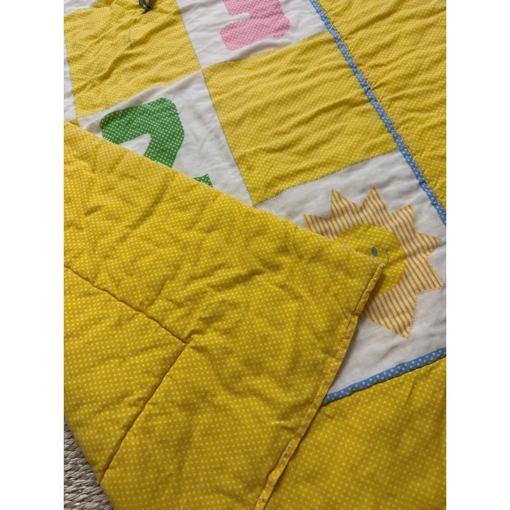 Vintage Handmade Baby Quilt Yellow Polka Dot Sun 123 Nursery Blanket crib